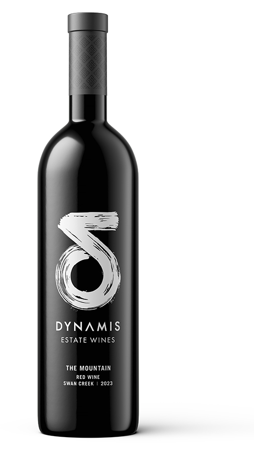 A red wine bottle of The Mountain 2023 on white background